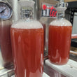 Load image into Gallery viewer, Two clear glass bottles filled with a reddish liquid and topped with white foam, positioned on a stainless steel industrial filling line with metal spouts and a pressure gauge visible.
